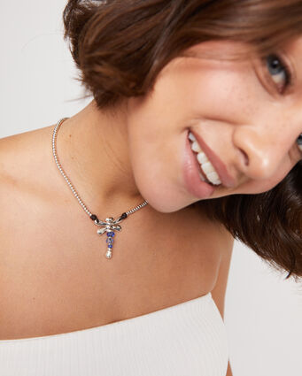 Short sterling silver-plated necklace with dragonfly and blue handcrafted crystals